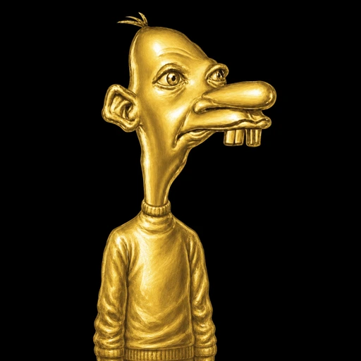 Neegy gold character with a long neck, large nose and exposed teeth on a black background